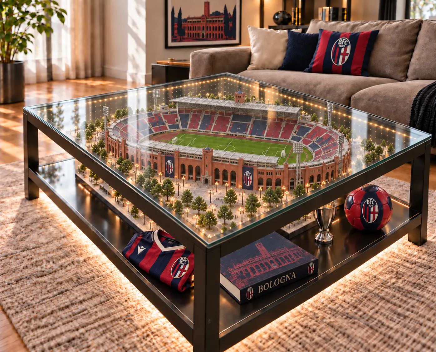 StadiBox Bologna con modellino dello stadio illuminato